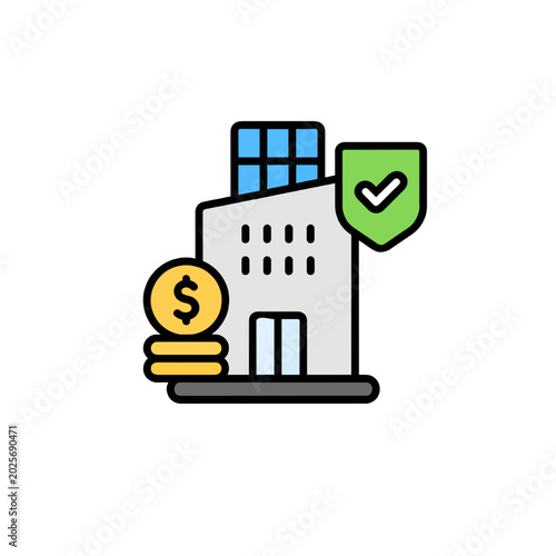 Building with shield and money icon, secure finance symbol