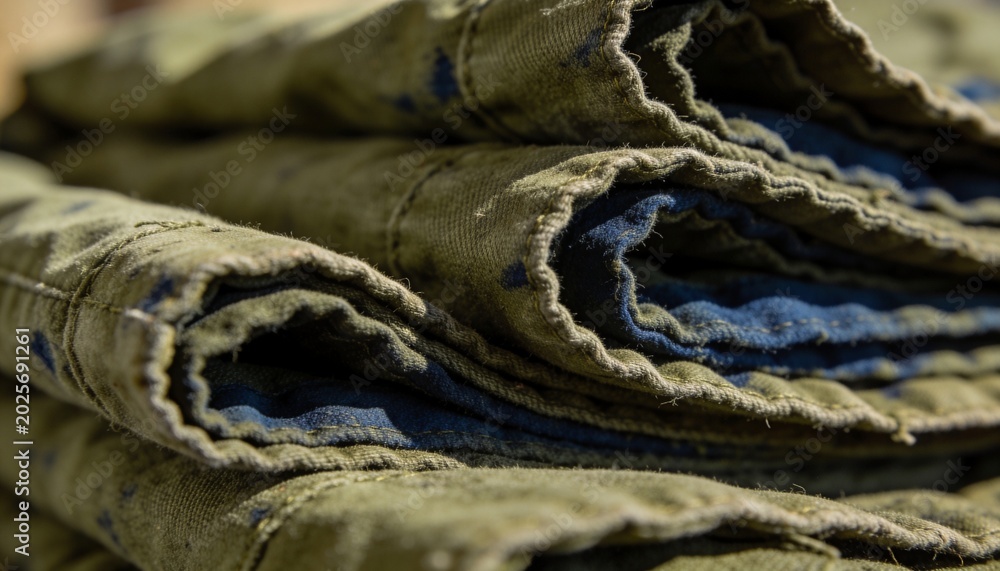 Fototapeta premium Resting folded olive-green fabric with blue inner lining on tabletop, showing frayed edges, stains
