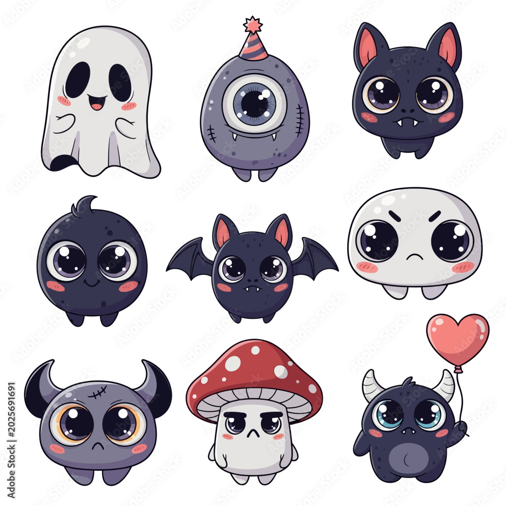 Fototapeta premium Cute cartoon halloween characters set, monsters and ghost isolated