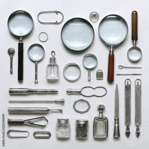 Assorted Magnifying Glasses and Metal Objects.