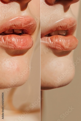 Woman Lips Before and After Cosmetic Treatment.