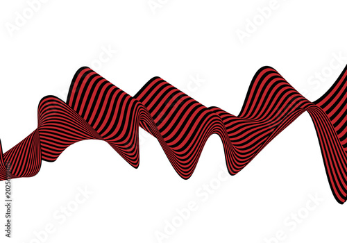 Abstract 3D wave with red and black stripes in op art style isolated on white background. Eps 10