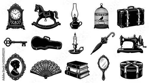Vintage Retro Antique Objects Set in Black and White Engraving Line Art Style