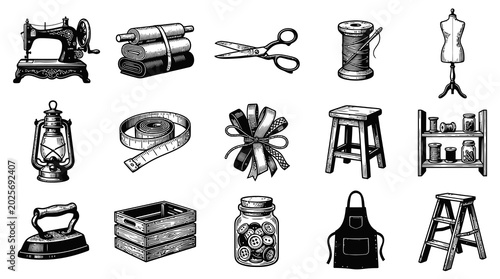 Black  White Line Art Vintage Sewing and Craft Supplies Icons