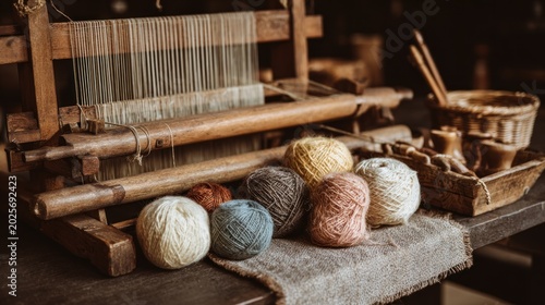 Traditional Weaving Looms with Colorful Yarn Balls.