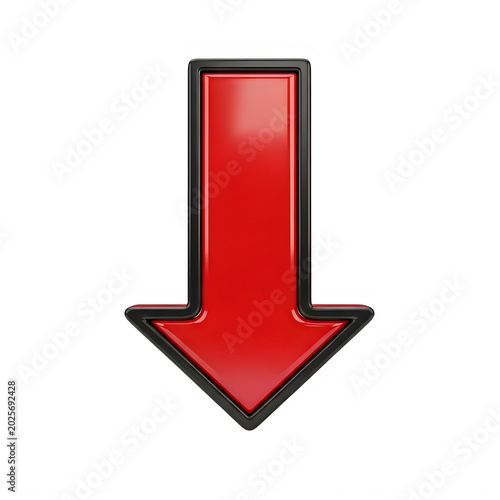 A bold red downward pointing arrow on a white background. isolated on transparent background