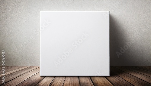square white canvas mockup on rustic wooden floor against textured white wall surface