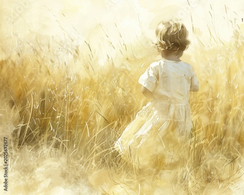 Young Girl Standing in Golden Wheat Field.