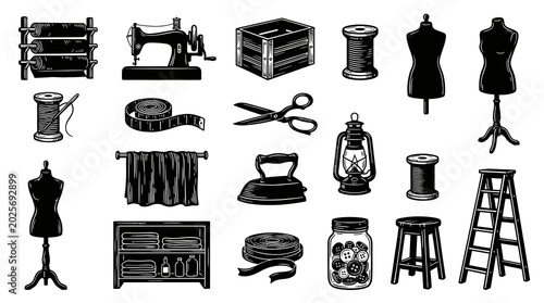 Vintage Engraving Black  White Line Art Collection of Sewing and Tailoring Tools, Equipment  Accessories