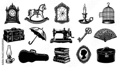 Vintage Objects Black and White Line Art Vector - Retro Household Items Collection