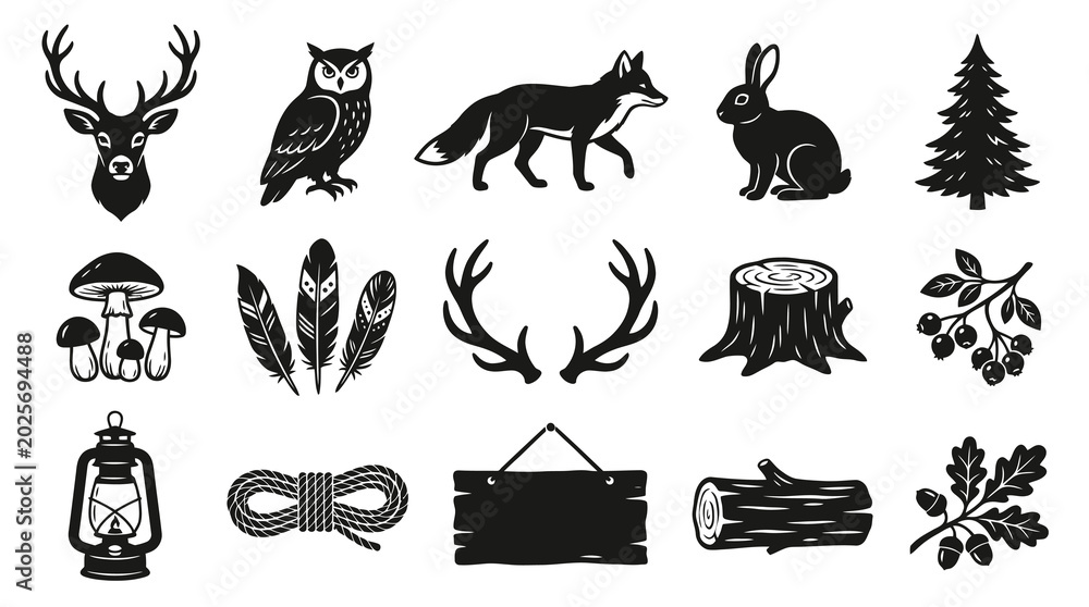 Fototapeta premium Black and White Forest Icons: Deer, Fox, Owl, Rabbit, Tree, Mushrooms, Feathers, Antlers, Stump, Berries, Lantern, Rope, Sign, Log, Oak Leaves, Vector Graphics