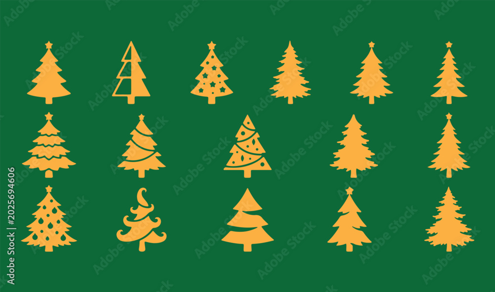 Obraz premium A collection of fifteen minimalist yellow Christmas tree icons and shapes for winter holiday designs on a green background.