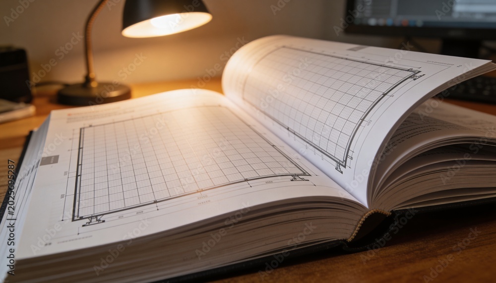 Obraz premium Displaying open hardcover book lying flat on wooden desk, with desk lamp and computer monitor