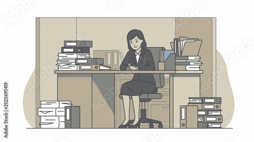 Canvas Print Stressed businesswoman sitting unhappily at her cluttered desk surrounded by overwhelming documents in a neutral office setting