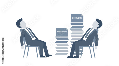 Photos Overwhelmed and exhausted businessman leaning back in his chair surrounded by stacks of documents, isolated white background