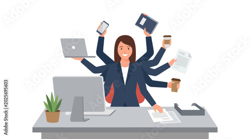 Schilderij op canvas Stressed yet efficient businesswoman expertly juggling multiple tasks and deadlines with many arms at her office desk on an isolated white background