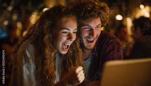 Young Students, Filled With Excitement, Watch Exam Results On A Laptop At A University Campus Bar. The Group Consists Of Two Individuals.