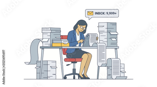 Konstfotografi Overwhelmed businesswoman buried under a massive pile of paperwork and emails at her office desk in a bright studio
