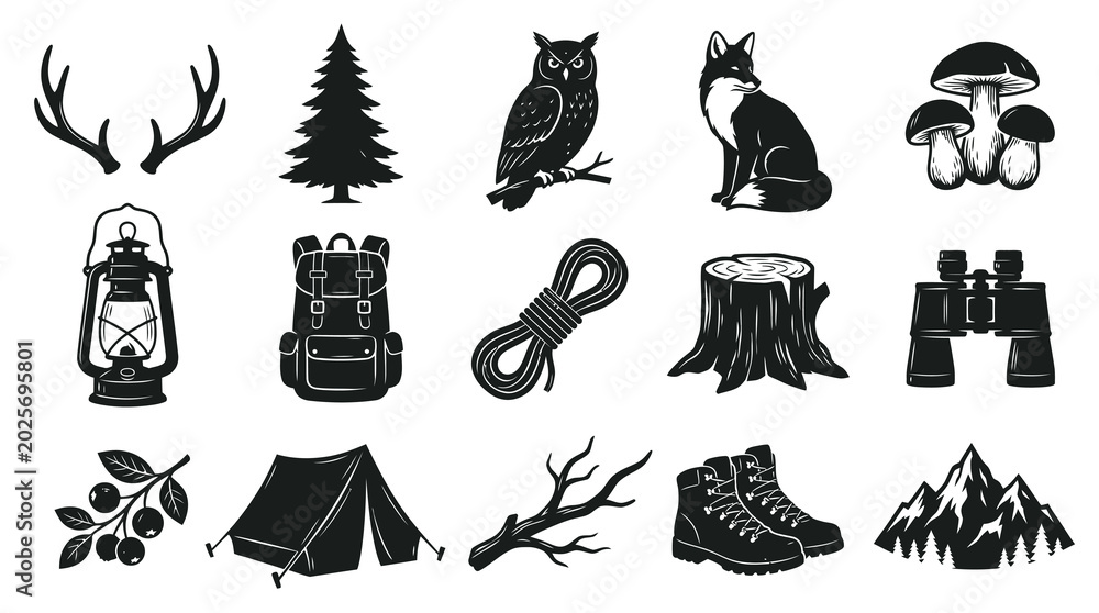 Obraz premium Outdoor Adventure Camping Nature Icons Set. Black and White Vintage Woodcut Style Elements.