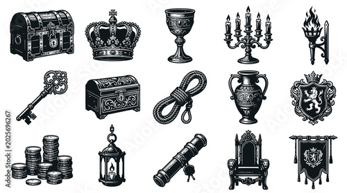 Vintage Historical Fantasy Objects Engraving Style Icon Set. Royal Treasures, Pirate Artifacts Black White Line Art