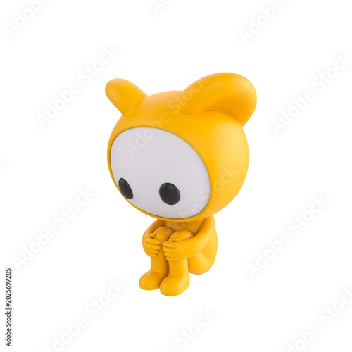 фотографія Cute 3D render Little Yellow Monster character sitting on the floor hugging knees