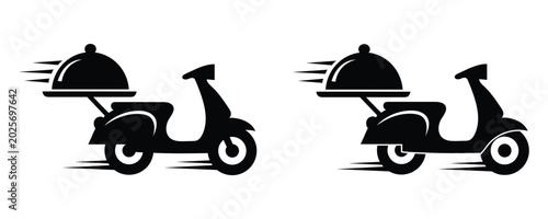 Photos Fast food delivery scooter icon set with restaurant platter cloche