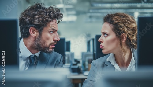 Two Frowning Business Professionals Working On Computers, Engaging In Conflict, And Giving Envious Glances In The Office.