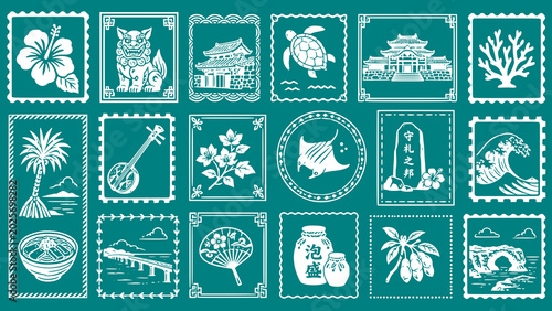 Photos okinawa inspired postage stamp vector collection with tropical island symbols tr