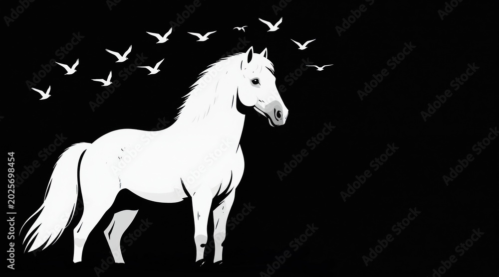 Fototapeta premium White horse stands against black background with birds flying above. Minimalist illustration style, elegant equine form, symbolizes freedom, purity, and nature beauty. Clean lines, simple art.