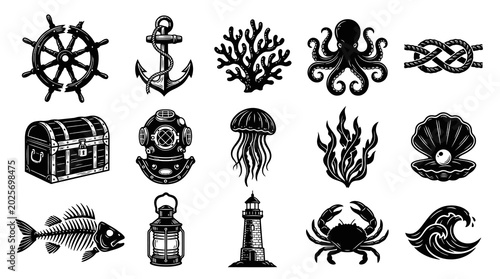 Vintage Nautical Marine Ocean Symbols and Elements Set. Black and White Engraving Style.