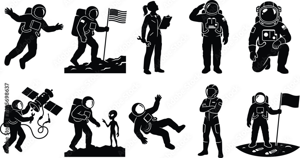 Obraz premium Astronaut silhouette collection, space exploration icons, cosmic vector art, black design set, science illustration, extraterrestrial symbol, modern graphic pattern