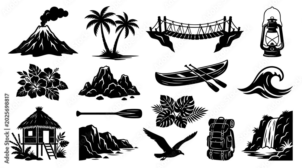 Fototapeta premium Tropical Travel Adventure Nature Elements Collection - Black White Glyph Set