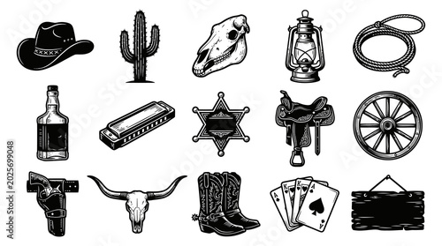 Vintage Wild West Cowboy Icons Set - Hand Drawn Black and White Line Art Elements
