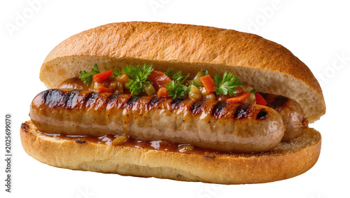 Photos Grilled sausage sandwich with relish and parsley, isolated on transparent backgr