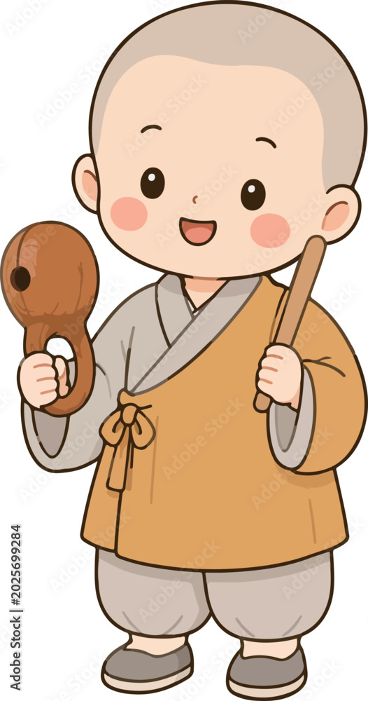 Fototapeta premium Cute Little Buddhist Monk Playing Moktak Illustration
