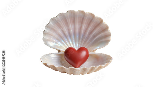 Red heart resting inside an open oyster shell, isolated on transparent background