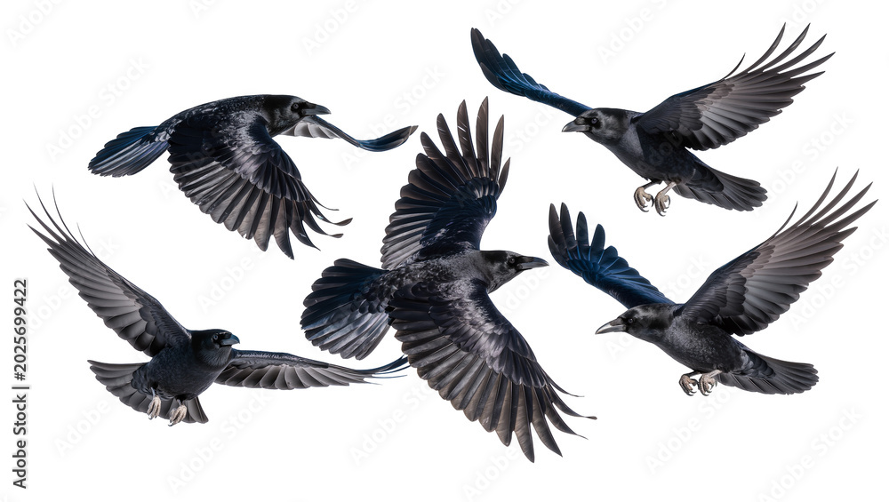 Obraz premium Five black crows in mid-flight with wings spread, isolated on transparent background