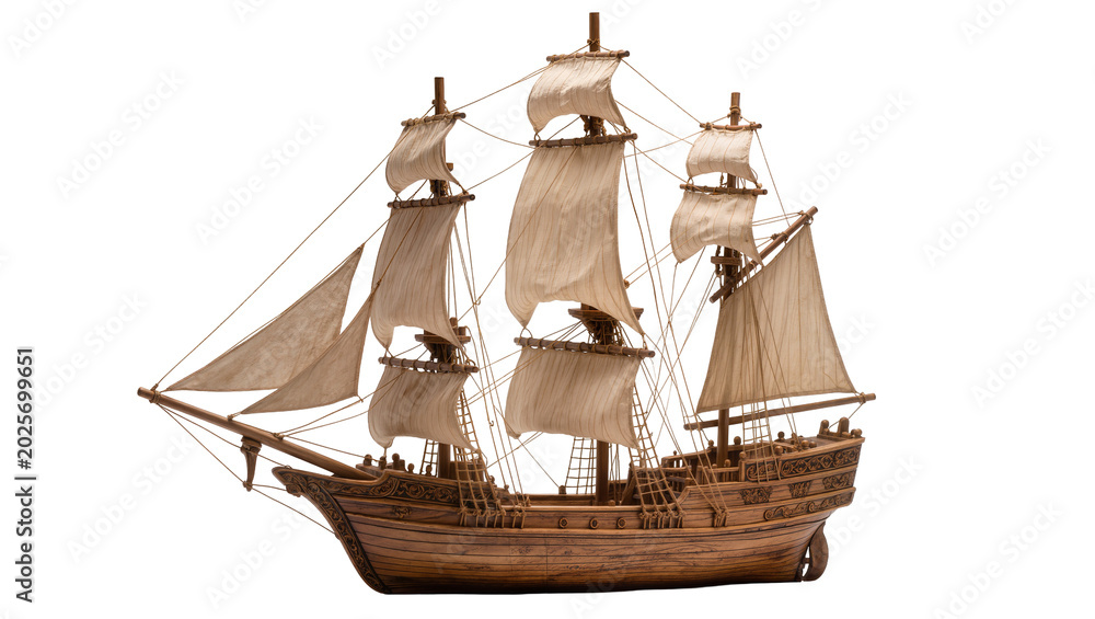 Naklejka premium Detailed wooden sailing ship model with full sails, isolated on transparent background