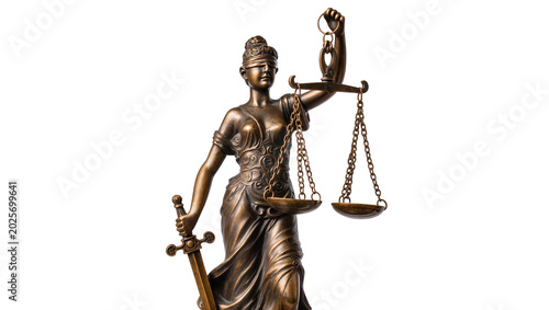 Schilderij op canvas Bronze statue of Lady Justice holding scales and sword, isolated on transparent