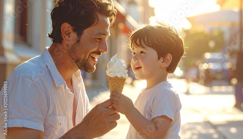 Father and Son Enjoying Ice Cream Together.