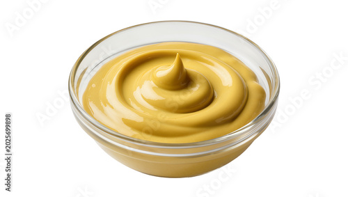Vászonkép Yellow mustard swirl in clear glass bowl, isolated on transparent background