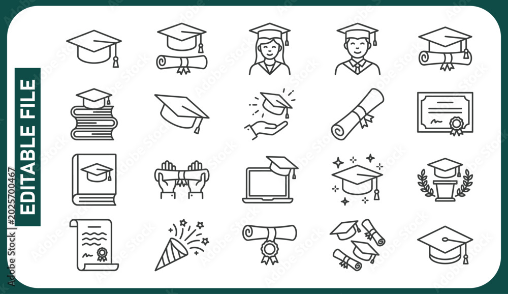 Fototapeta premium Graduation doodle illustration including icons - student in cap, diploma certificate scroll, university degree . Thin line art about high school education. Editable Stroke
