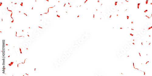 Bright red confetti and ribbon border on a white background creates a festive frame for party invitations, announcements, celebrations, holidays and promotional designs with a joyful, celebratory mood