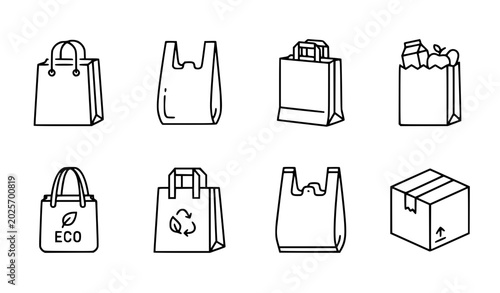 Plastic bag line web icons shopping grocery vector set