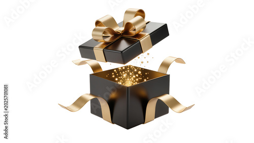 Konstfotografi Open black gift box with golden ribbon and sparkling lights, isolated on transpa