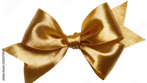 Schilderij op canvas Shiny golden satin ribbon bow, isolated on transparent background