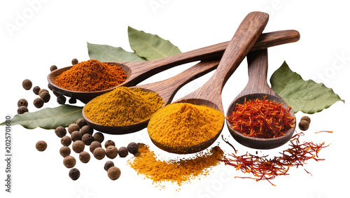 Fotografi Wooden spoons with paprika turmeric and saffron spices, isolated on transparent