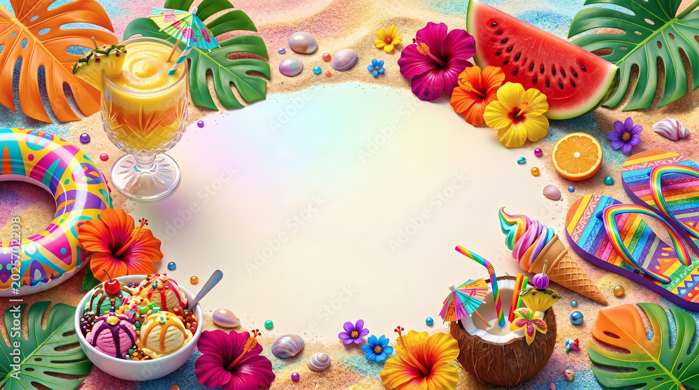 Fototapeta premium Vibrant summer template featuring tropical drinks, a coconut cocktail, colorful ice cream scoops, flip-flops, a watermelon slice, and hibiscus flowers arranged.