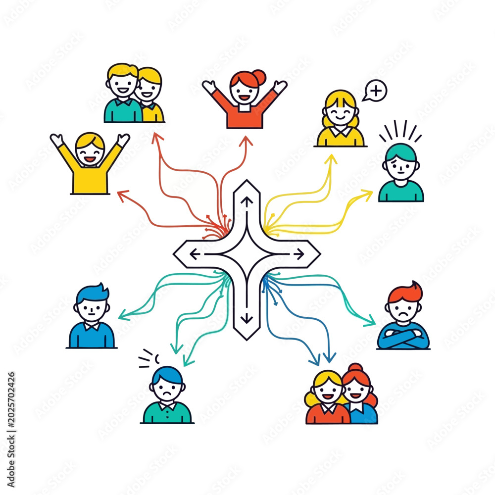 Fototapeta premium Diverse Emotions and Directions of People Around Cross