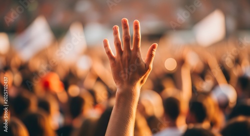 A clear close-up of a single hand raised high above a blurred crowd, symbolizing active involvement and democratic participation at an event.